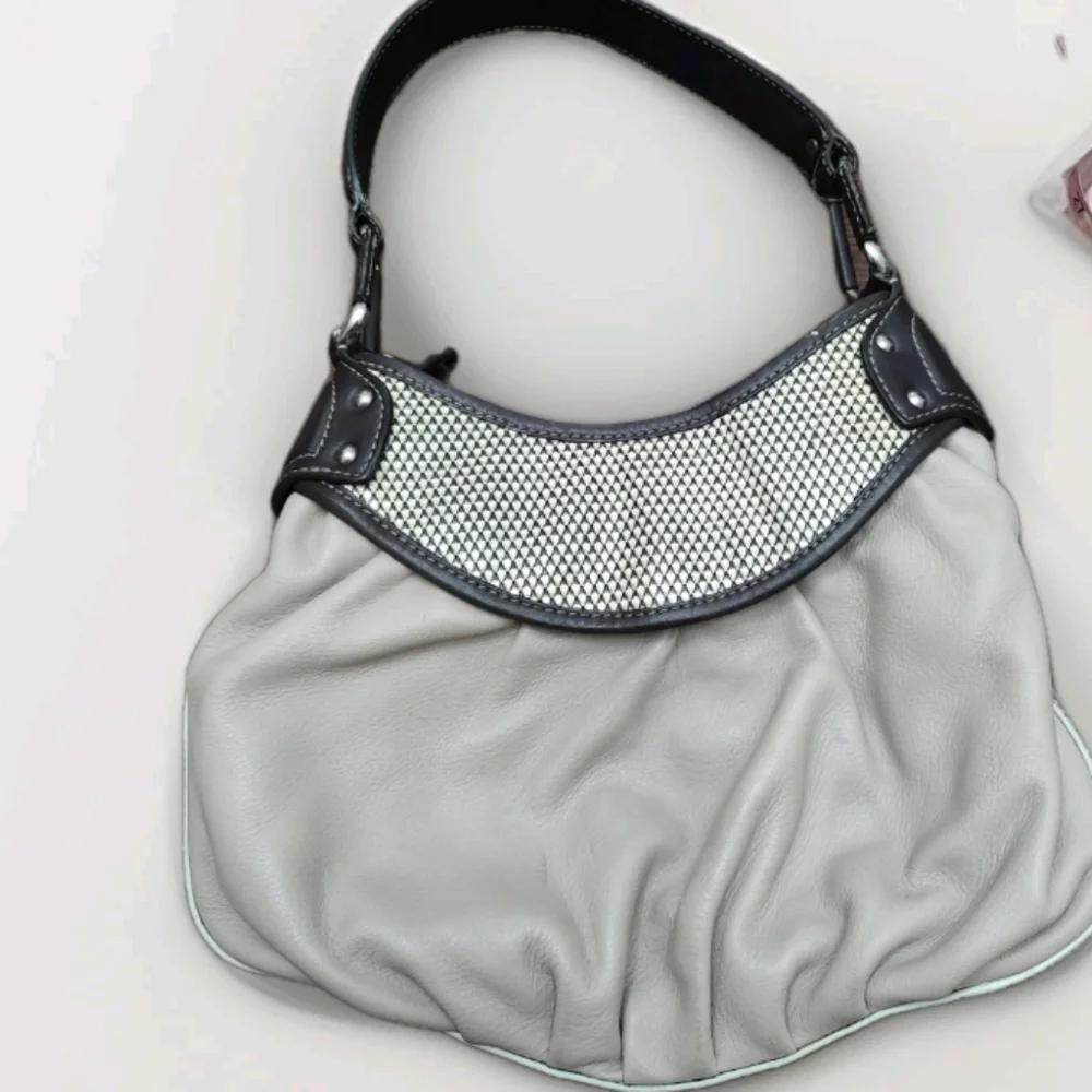 Adrian Vittadini Leather Shoulder Bag W/Snake Skin Look Trim Wide Leather Strap